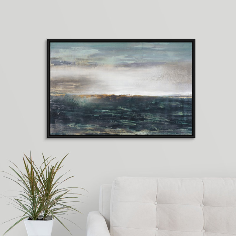 « gold on the horizon », peinture sur toile, H 21,7 po x l 31,7 po x p 1,75 po, Cadre flottant noir