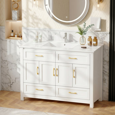 48" White Single Bathroom Vanity Set with Resin Sink, 4 Soft-Close Doors and 4 Drawers