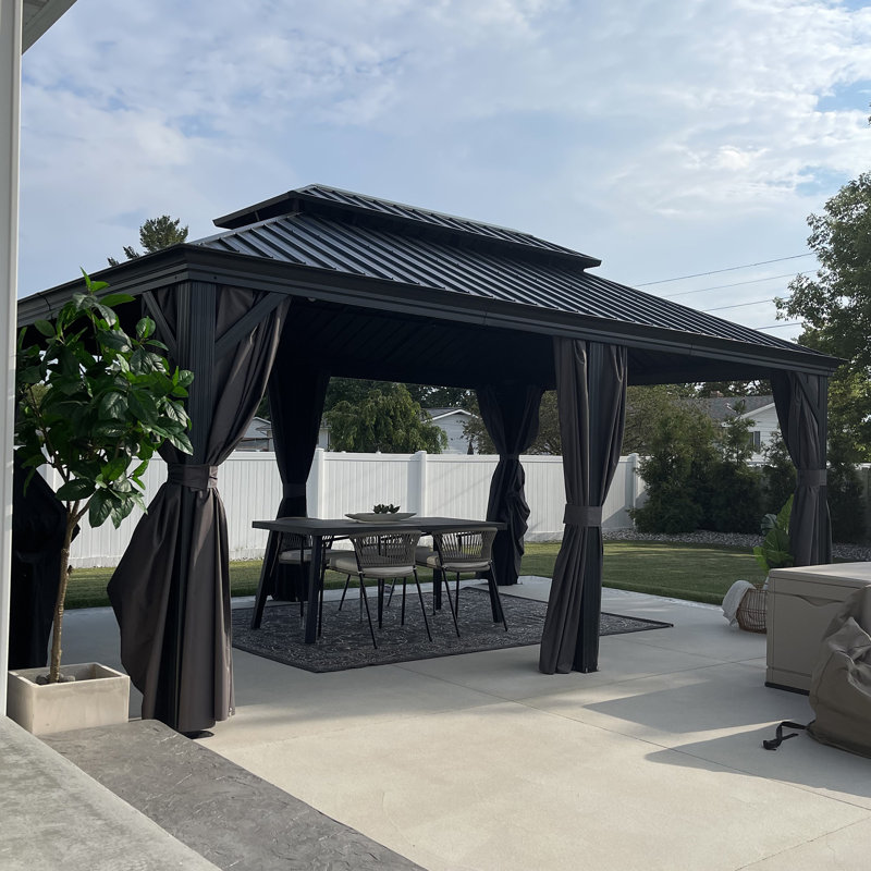 PURPLE LEAF 12' X 18' Permanent Hardtop Gazebo Aluminum Gazebo with Galvanized Steel Double Roof for Patio Lawn and Garden, Curtains and Netting Included, Gray