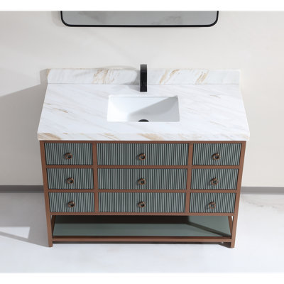 Meuble-lavabo 48 po avec cadre en acier inoxydable brossé doré et finition vert étain avec plateau en pierre naturelle de 2 po d'épaisseur