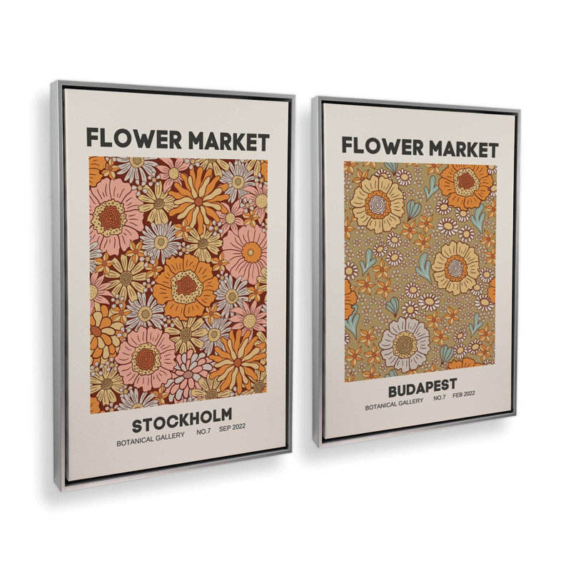 Retro Flower Markets II Set of 2 Canvas Prints in a Silver Frame, 18" X 12", Cadre flottant, Chrome poli, H 19 po x l 26 po