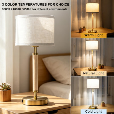 2‑Pack Natural Solid Wood 3 color temperatures 21″ table Lamp With Linen Shade,rotary switch,Built‑In AC Outlet, USB‑A&C Charging Ports