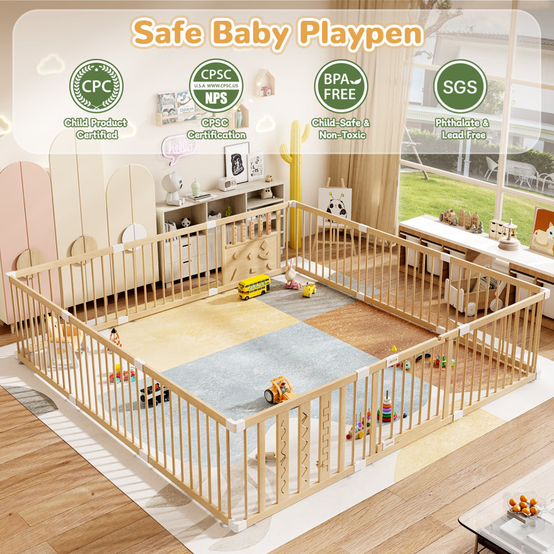 Parc pour bébé en bois naturel, 12 panneaux, porte et jouets inclus. Facile à assembler, grand parc portatif pour bébés et jeunes enfants, fabriqué en pin naturel.