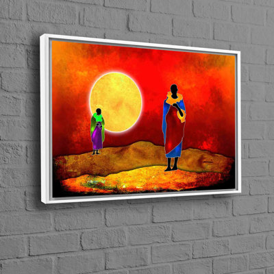 Abstract African Landscape Art on Cotton Canvas Depicting Two Men Against Radiant Sun Ideal for Home Wall Decor
