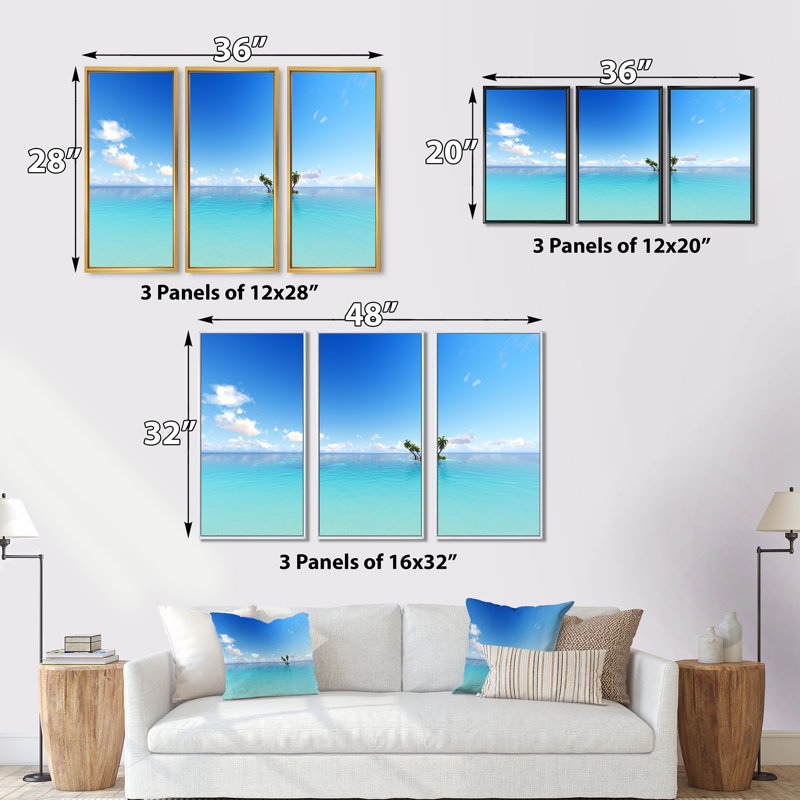 «Blue Corals Island Sea - Sea & Shore», ensemble de 3 toiles murales encadrées, H 20 po x l 36 po x P 1 po, Brun