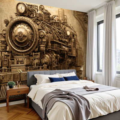 Papier peint adhésif auto-adhésif moderne pour la chambre à coucher Peler et coller L 96 po x l 69 po avec locomotive rétro Steampunk et détails mécaniques, impression sépia