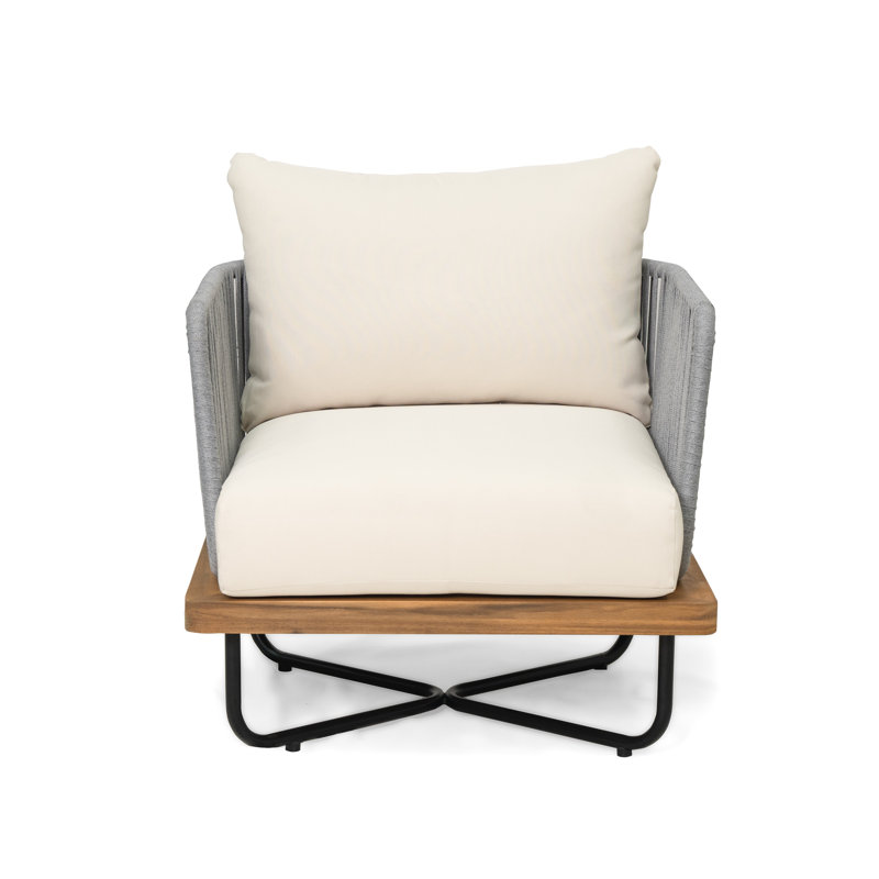Blaine Outdoor Acacia Wood Rope Woven Club Chair , Gray, Cream