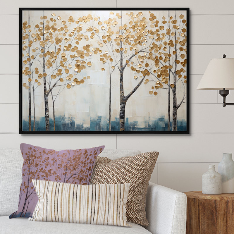 «Gold and Blue Treasure Trees Scenery III», reproduction sur toile, Cadre flottant noir, H 34 po x l 44 po