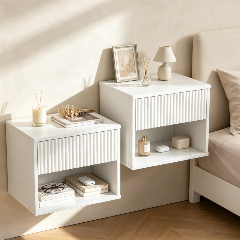 2Pcs White Floating Nightstand with Drawer