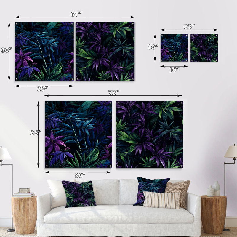 Bambou crépuscule vert et mauve motif tropical, H 16 po x l 33 po