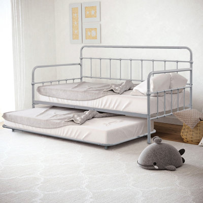 Silver Finish 1Pc Twin Metal Daybed With Trundle, Contemporary Style, Full Build, Pipe - Inspired Framework Framework, Mattress Ready For Bedroom Refresh