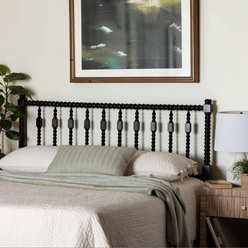 Liasonya Rotating Spindle Headboard - Handcrafted Wooden Panel With Ornamental Spoke Layout, Full, Black, Black
