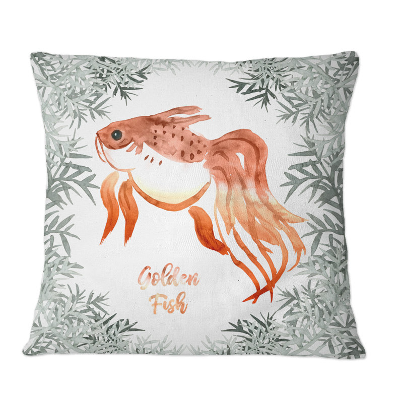 Coussin décoratif à motif de poisson doré rétro vintage entouré de plantes vertes, 18 po x 18 po