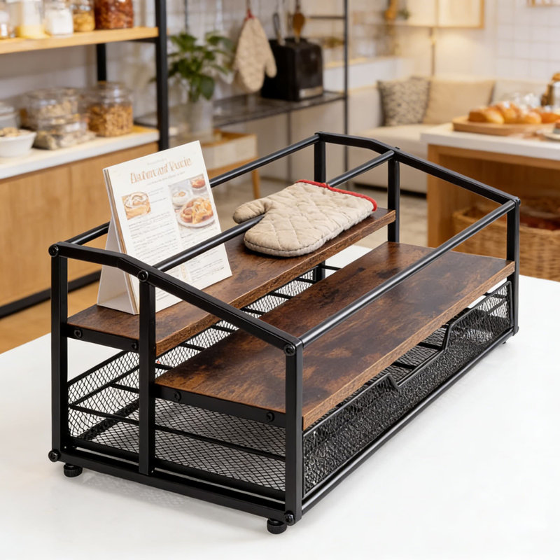 Rangement à 3 étages pour sirop de café avec tiroir, pouvant contenir 10 bouteilles et 40 tasses, support de comptoir en métal et en bois robuste pour la cuisine, le café ou le café