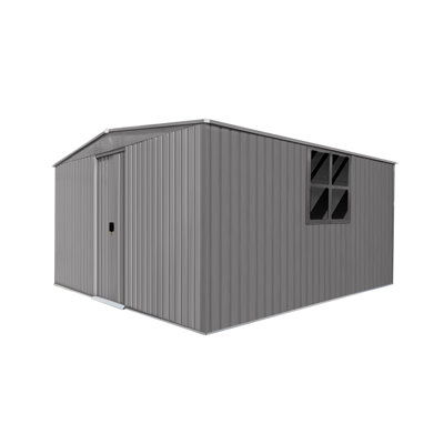 13ft×11ft 2-in-1 Outdoor Metal Storage Shed with Firewood Storage, Grey Apex Roof Weatherproof Shed for Winter Garden Organization