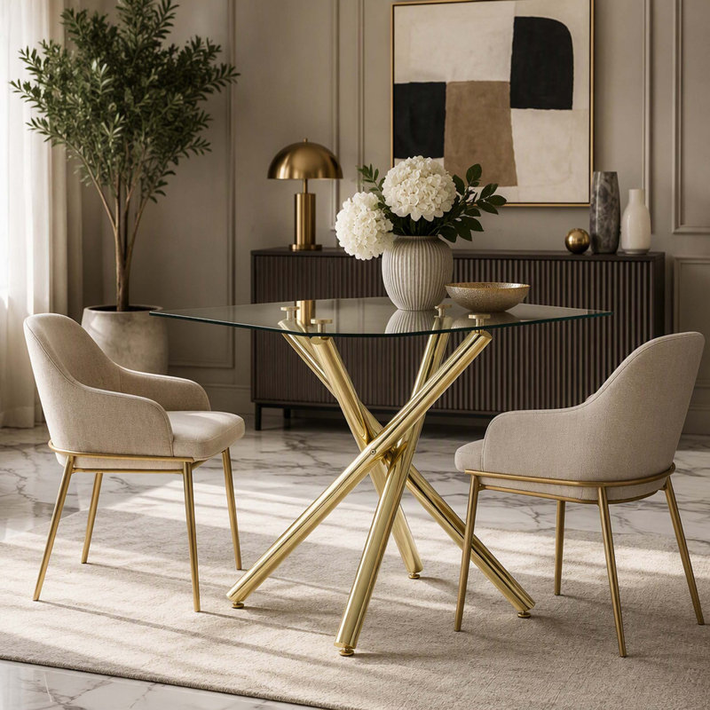 Table de bar moderne moderne en or avec plateau en verre trempé, table de pub robuste en métal avec pieds croisés pour bar, îlot de cuisine et salon