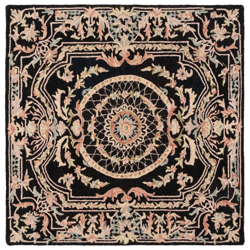 Tapis oriental performance en laine / coton touffeté Fredella noir / ivoire, Carré 6 pi