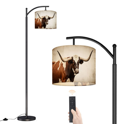 Arc Floor Lamp with Adjustable Lampshade Vintage Brown Longhorn Country Western Cow Bull Farmhouse Animal Standing Lamp 3 Color Temperatures Dimmable Tall Pole Lamp with Foot Switch for Bedroom