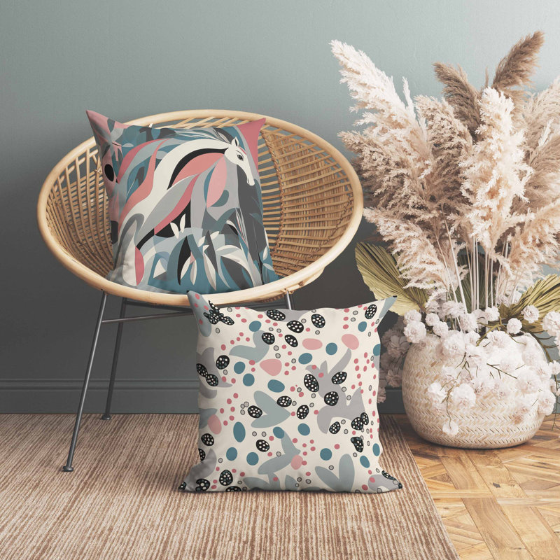 Coussin Mythical Horse, Bleu / rose / gris, Carré 16 po