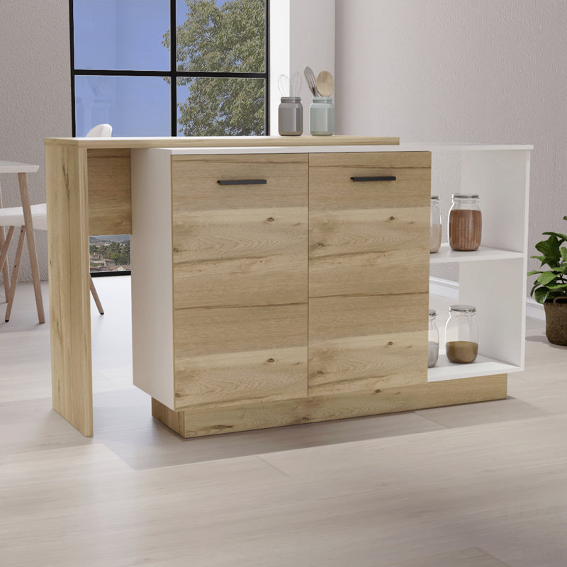 Îlot de cuisine, armoires à deux portes, deux tablettes extérieures, trois tablettes