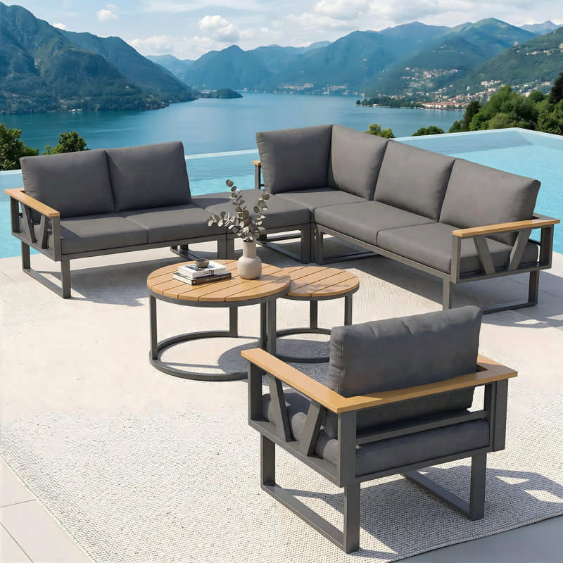 Outdoor Conversation Set 7 Places With 2 Sofas, 1 Corner Chair,1 Armchair, 1 Tabouret And 1 Coffee Table Gris