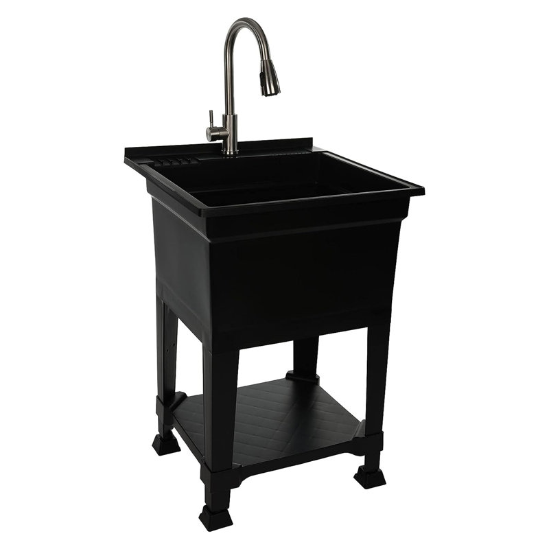 UTILITYSINKS Plastic 24" Compact Workshop Freestanding Laundry Sink with Faucet, Black