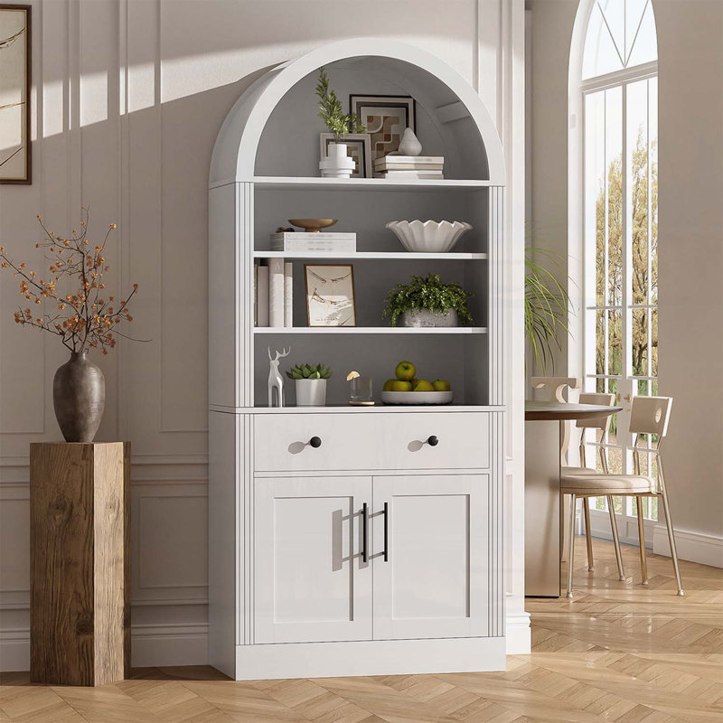 Bibliothèque cintrée avec armoire de rangement, bibliothèque d'exposition haute avec étagères réglables et portes de tiroirs, autoportante pour salon, bureau et salle de bain