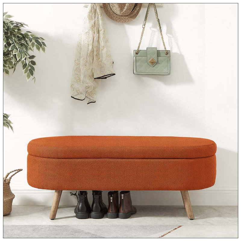 Oval Boucle Storage Ottoman Bench with Wood Legs, Orange