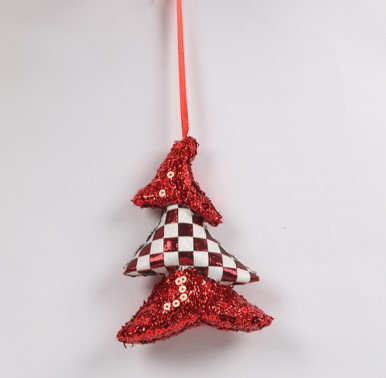 Sequined And Checkered Tree Christmas Ornaments - 5" - Red - Set Of 2