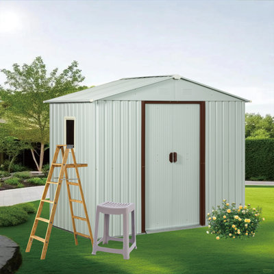 Remise de rangement extérieure en métal de 8 pi x 4 pi, remise à outils utilitaire avec fondation de plancher et fenêtre, remise à outils verrouillable en acier galvanisé avec évent pour cour, patio, jardin, blanc