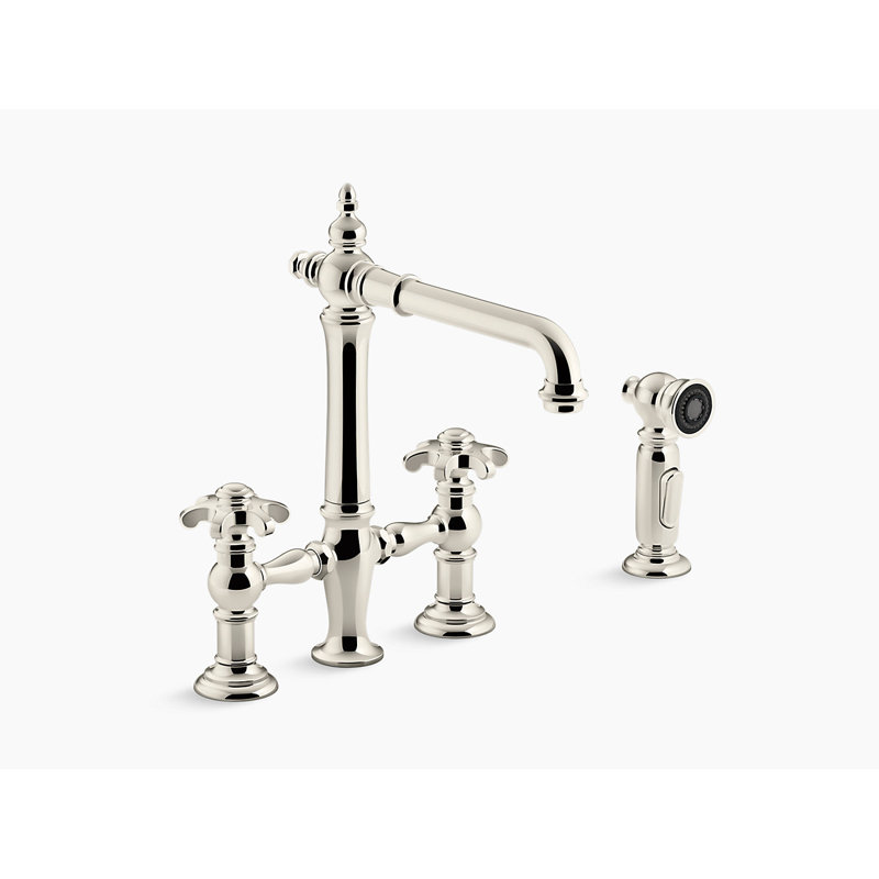 Artifacts Bridge Faucet, Cross Handle, Vibrant Polished Nickel