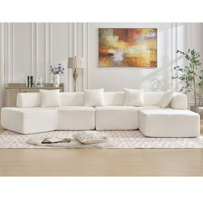 140" L-shape Modular With Chaise, No Assembly, Breathable Material, 4 White Couch Modern Minimalist Living Room 4 Seats, - Assembly Required Home Decor