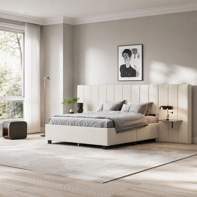 Lit plateforme tapissier avec grande tête de lit, mobilier de chambre à coucher, velours, Grand lit, Beige