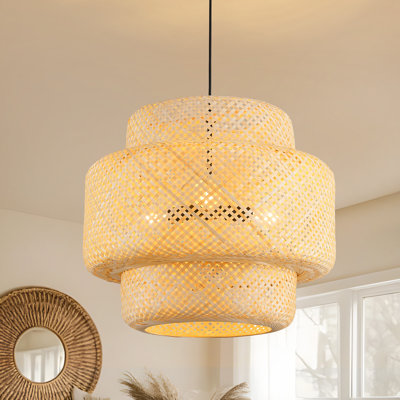 3-Light Natural Woven Tiered Chandelier, Boho Organic Modern Coastal Casual Style For Dining Room, Kitchen Island & Living Space