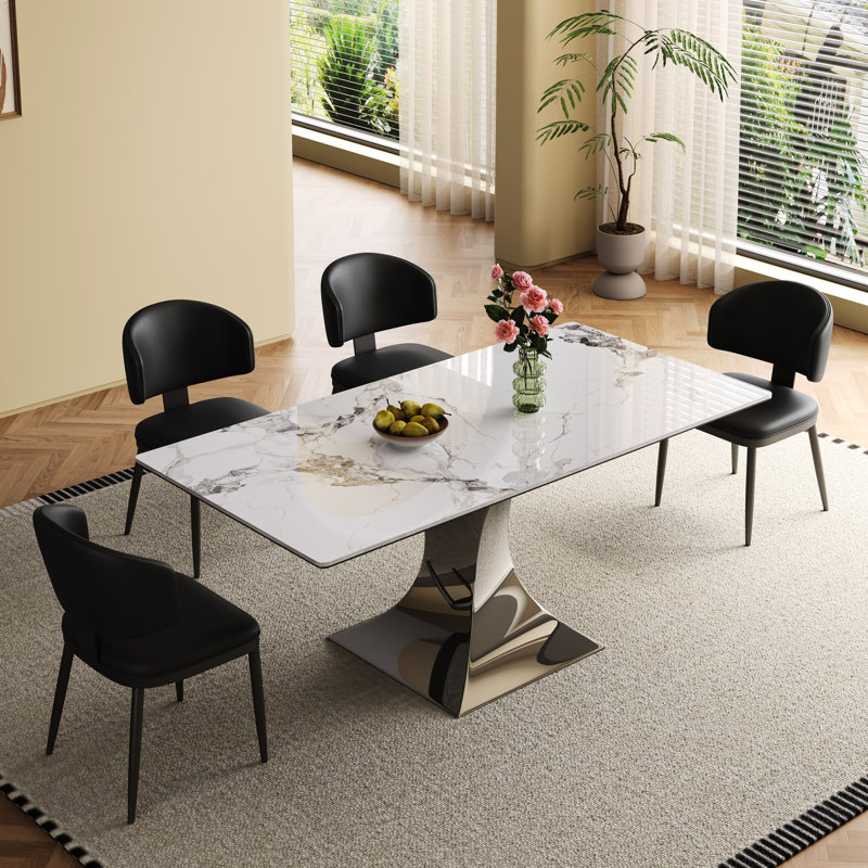 Table de salle à manger pour 6 personnes, forme rectangulaire, table de cuisine moderne avec base noire, plateau de table en pierre frittée, statique, 71 po x 35,4 po, hauteur de 30 po, mobilier de salle, très brillant