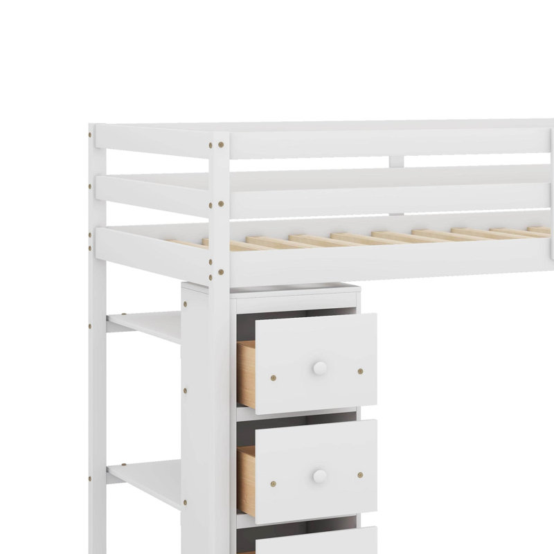 Lit mezzanine simple avec tiroirs, tablettes et escaliers