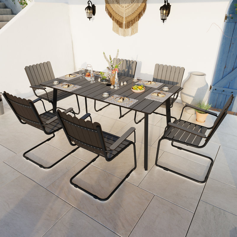 Ensemble de salle à manger 7 pièces, table de salle à manger d'extérieur en PEHD et 6 chaises (gris anthracite et gris), Gris