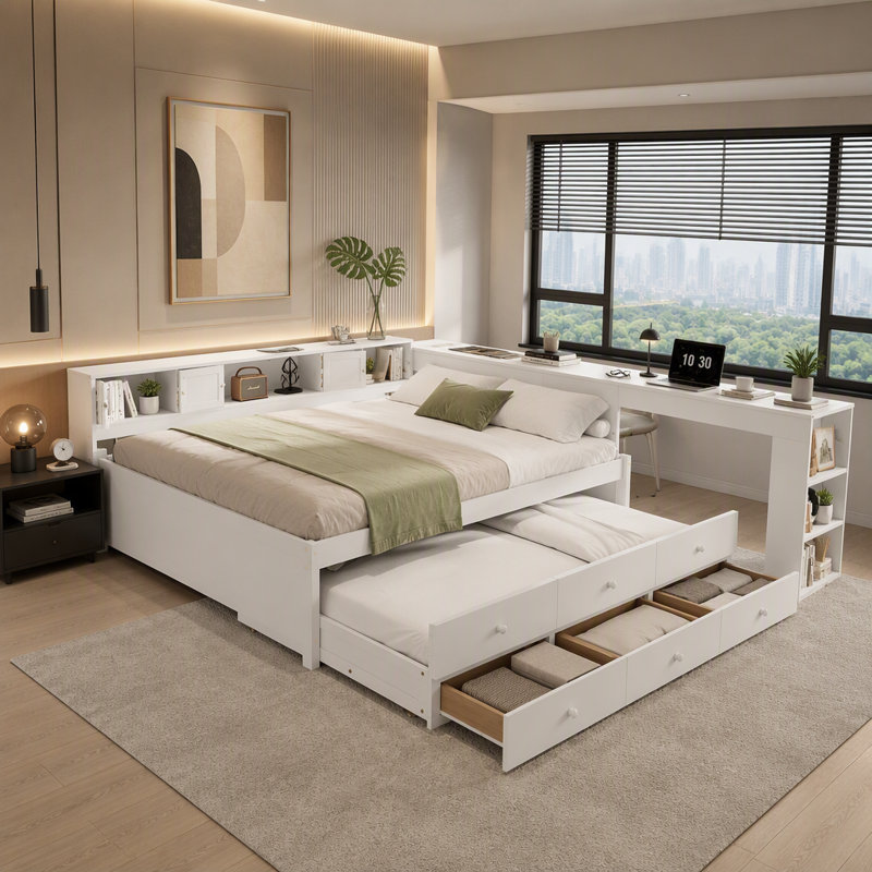 Lit de jour avec couchette, structure de lit de jour en bois avec tiroirs de rangement, tablettes latérales et bureau, Blanc