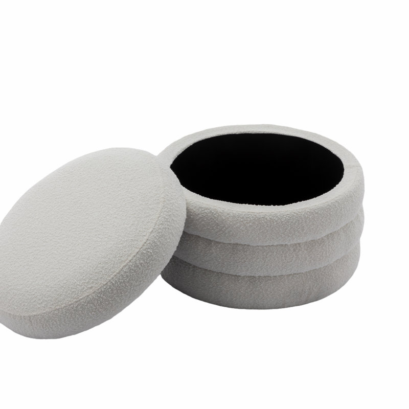 Tomkiel Round Storage Ottoman, White Boucle