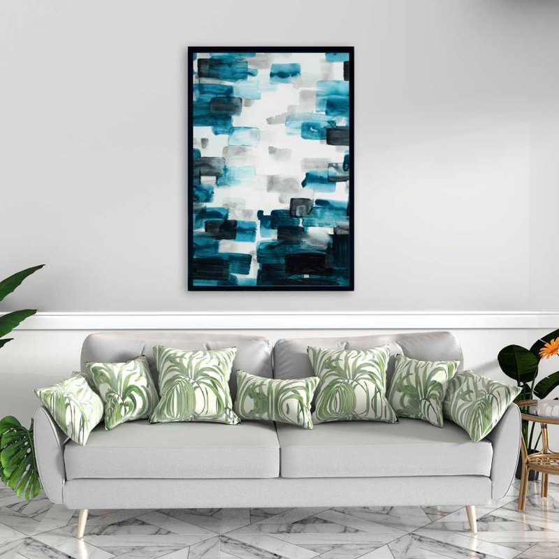 Turquoise and Gray Squares - Contemporary Framed Canvas Decor