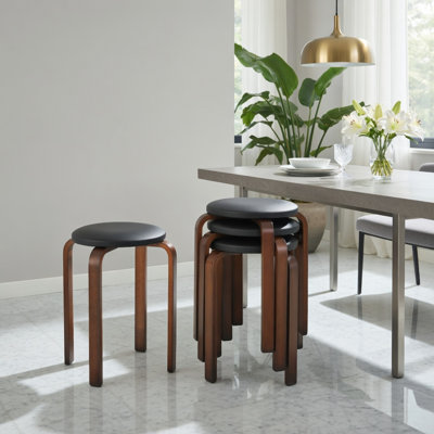  Set of 4 Stackable Bentwood Dining Stools, PU Leather Padded Round Chairs with Solid Birch Frame, Black