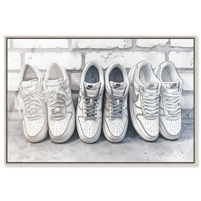 «Brick Wall Sneaker Line Up», impression sur toile encadrée par Art Remedy, cadre argenté, 54 x 36