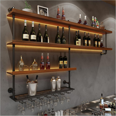 Support à vin mural en bois massif, grand support à vin avec éclairage à DEL, tablettes flottantes à 4 niveaux avec support en verre, tablettes de bar industrielles pour la salle à manger de bar à domicile (78,7 po / 200 cm)