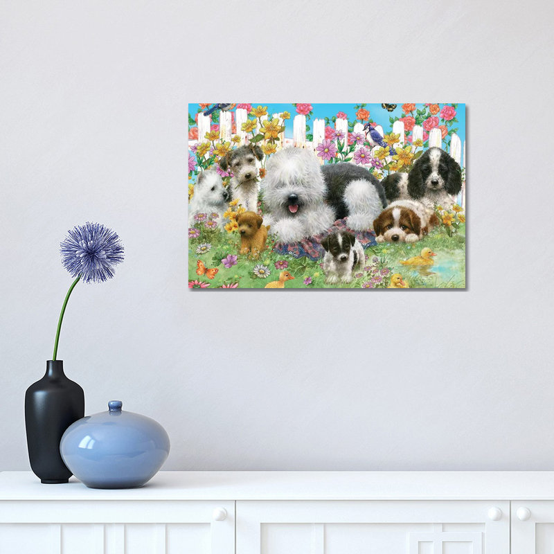 Picket Fence Pups - Wrapped Canvas Painting, 30.48 cm H x 45.72 cm W