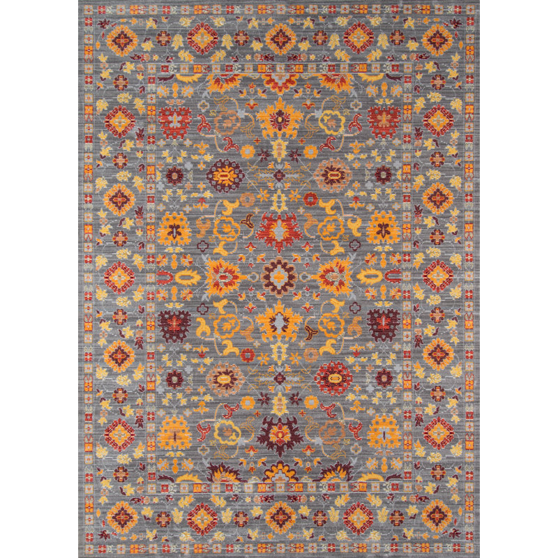 Tapis gris / jaune / rouge en polyester tissé à la machine Lorrika, Rectangle 4 pi x 6 pi