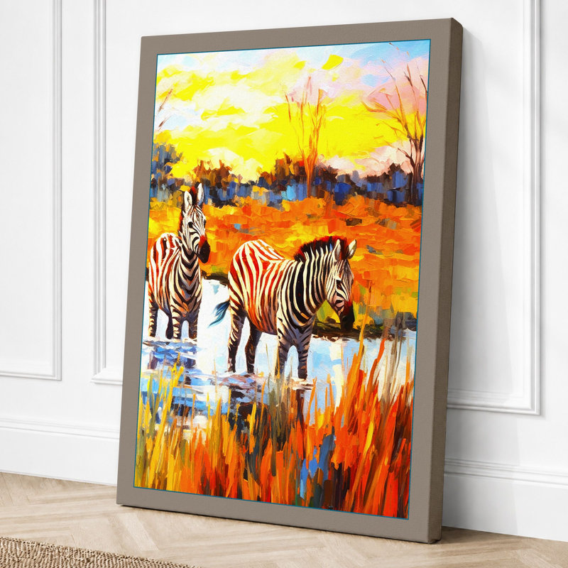 Zebras At Golden Hour Tropical - Print, 30x20 - 76.2 x 50.8 cm, Taupe Border