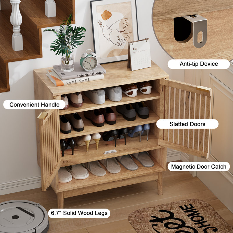 16-24 Pairs Shoe Storage Cabinet with Doors,Freestanding Shoe Organizer with Adjustable Shelves,Oak, Oak Wood