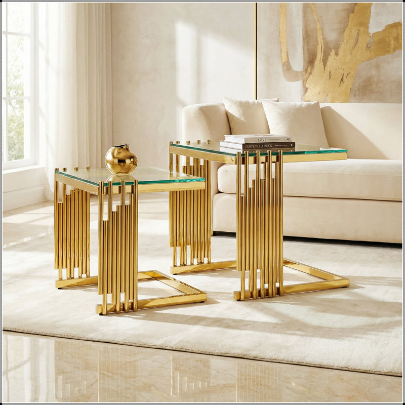 Ensemble de tables basses 2 pièces Modern Modern avec plateau en verre trempé, cadre en acier inoxydable résistant à la rouille pour des espaces de vie élégants