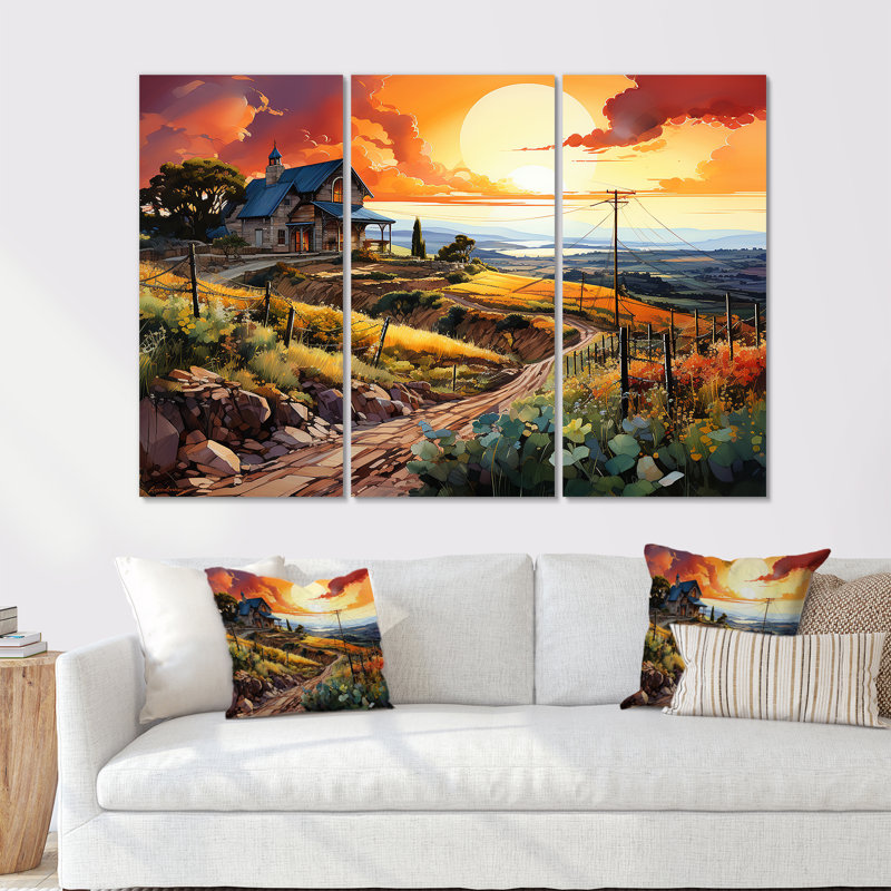 Vineyard Sunset - ensemble de salon Vineyard Wall Art, H 40 po x l 60 po x P 1 po