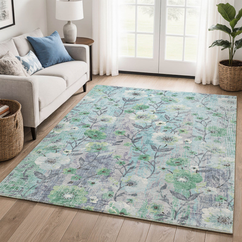 Tapis floral lavable à la machine de qualité supérieure AMF2403, Sarcelle, 9 pi x 12 pi